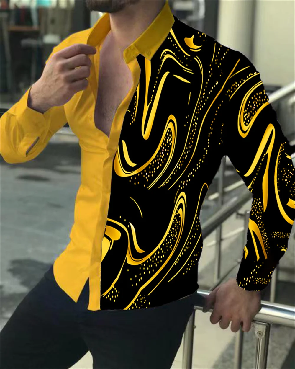 

New men's fashion social luxury party evening dress shirt lapel button shirt gold print long-sleeved shirt can be customized