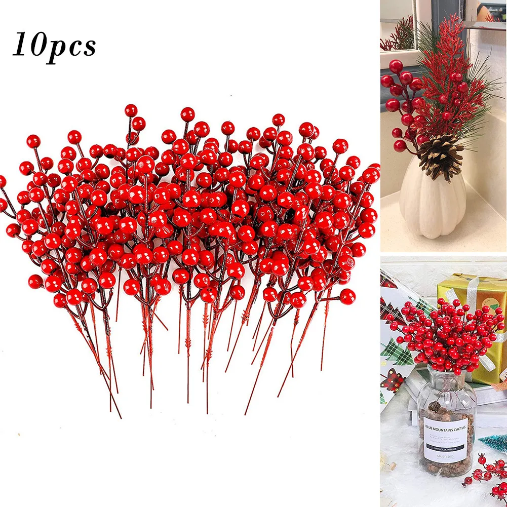 

10PCS Artificial Red Berry Flowers Bouquet Fake Plant For Home Vase Xmas Tree Ornaments Wedding Flower Wreath Party Decor