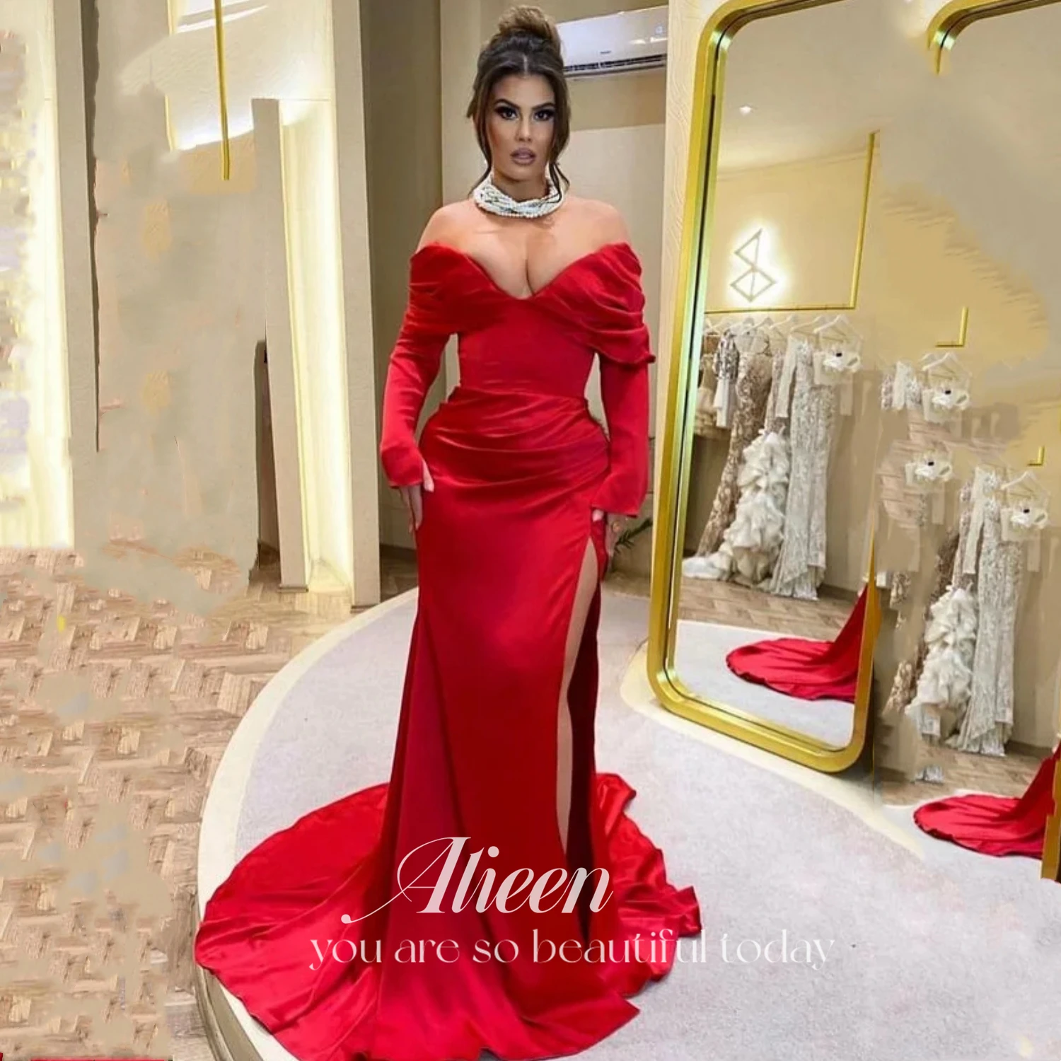 

Aileen Elegant Red Mermaid Evening Dresses Off Shoulder Bodycon Long Sleeves Pleated Prom Dress Saudi Arabia V Neck Party Gown