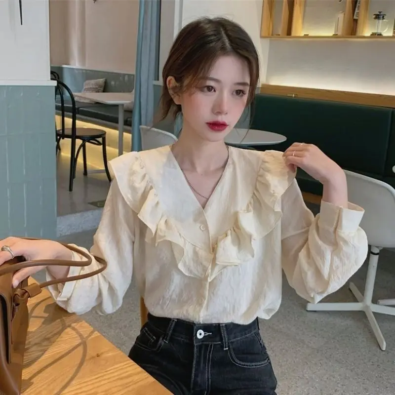 

2022 Fashion Elegant V-neck Lace Up Long Sleeve Shirt Women Vintage Slim Spring Blouse Korean Crop Tops Blusas Mujer De Moda X43