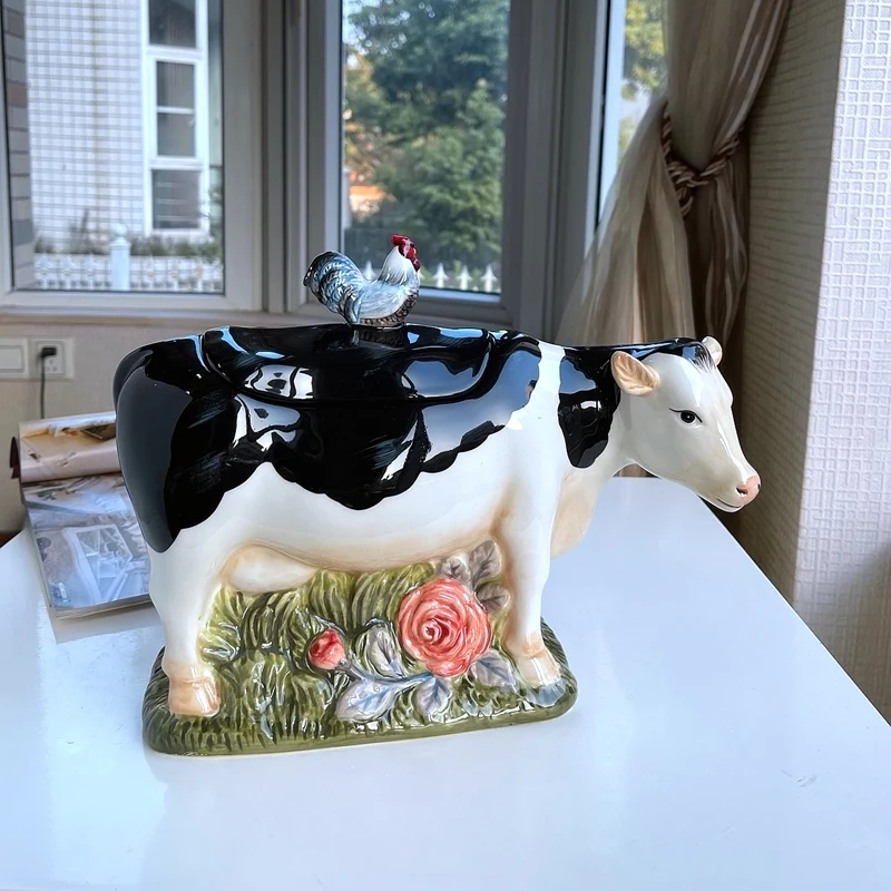 

Ceramic Dairy Cow Sculpture Candy Storage Jar Home Decor Living Room Decoration Biscuit Dried Fruit Jar Kitchen Food Container