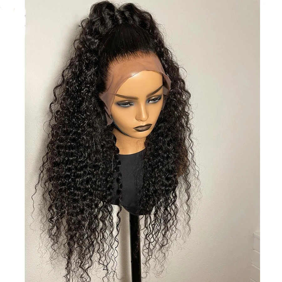 26Inch 180%Density Long Kinky Curly Natural Hairline Glueless Large Lace Front Wig For Black Women With Baby Hair Black Color