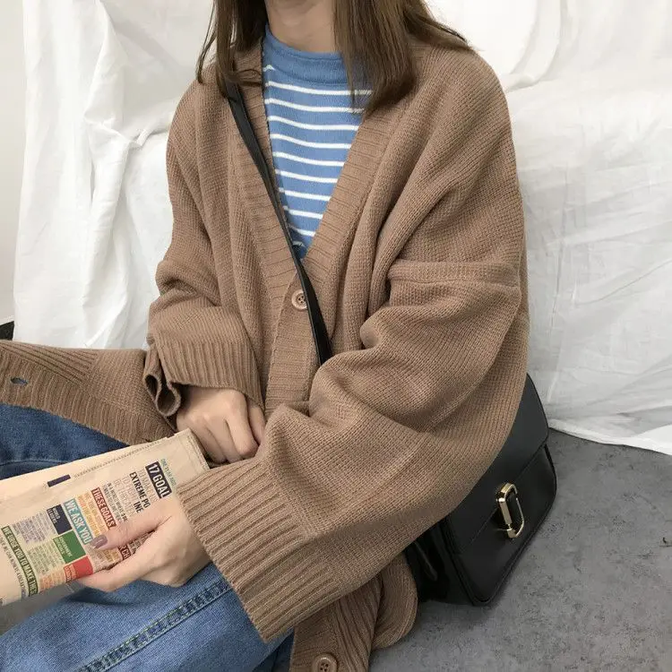 

Sweaters Women Knitting Cardigans Casual Spring 2023 V-Neck Long Sleeve Daily Solid Mujer Clothes Single Breasted Brown College