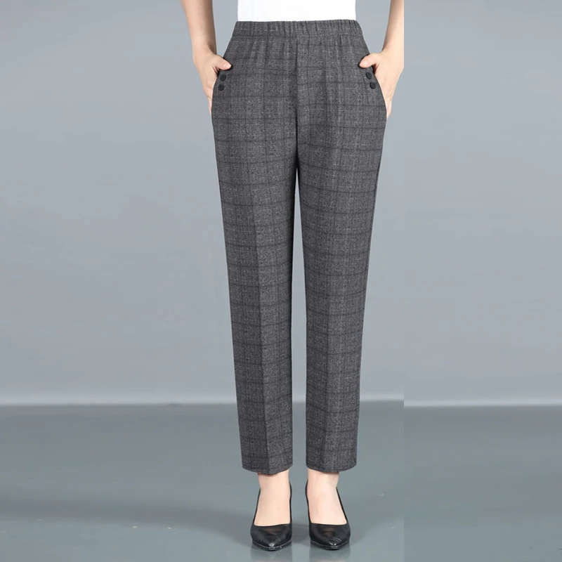 

Spring Autumn Elegant Elastic High Waist Middle Age Women's Trousers Office Lady Striped Plaid Print Straight Pants Clothing 4XL