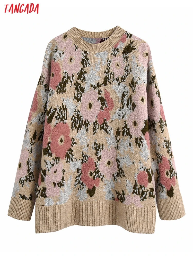 

Tangada 2021 New Women Flower Oversized Knitted Sweater Jumper Long Sleeve Female Pullovers BE306