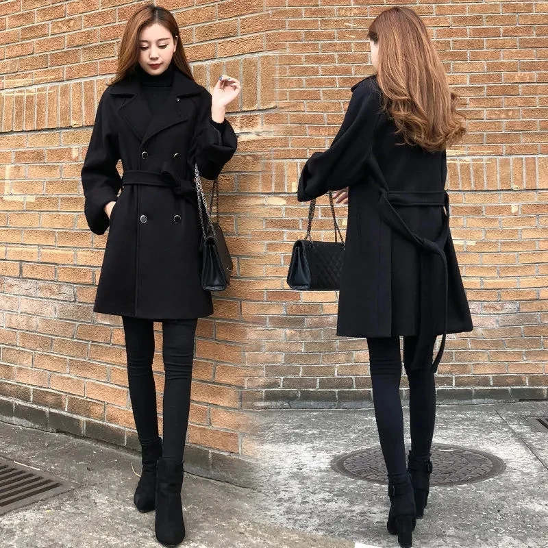 

Woolen Coat Womens 2022 New Korean Fashion Waist All-match Wool Jacket Womens Autumn Winter Long Double-breasted Trench Coats