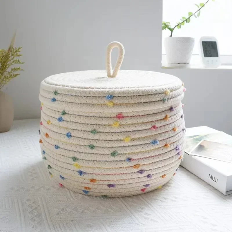 

Nordic Cotton Rope Storage Basket with Cover Desktop Storage Box Underwear Makeup Storage Basket