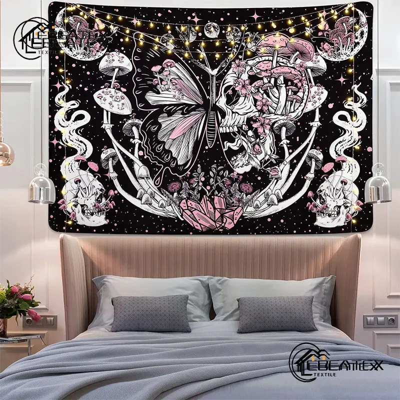 

Mushroom Tapestry Hippie Skull Butterfly Tapestries Aesthetic Psychedelic Moon and Stars Wall Hanging For Living Room Decoration