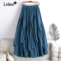 vintage plaid print irregular splicing midi skirt 2022 summer korean fashion commute all match elastic high waist folds skirts