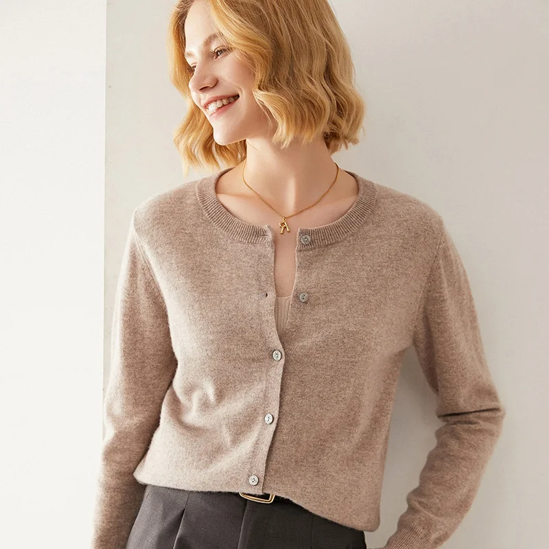 

Women Wool Knitted Cardigan Round Neck Wool Sweater Full Sleeves Khaki Color Lady Jumpers Jacket Clothes