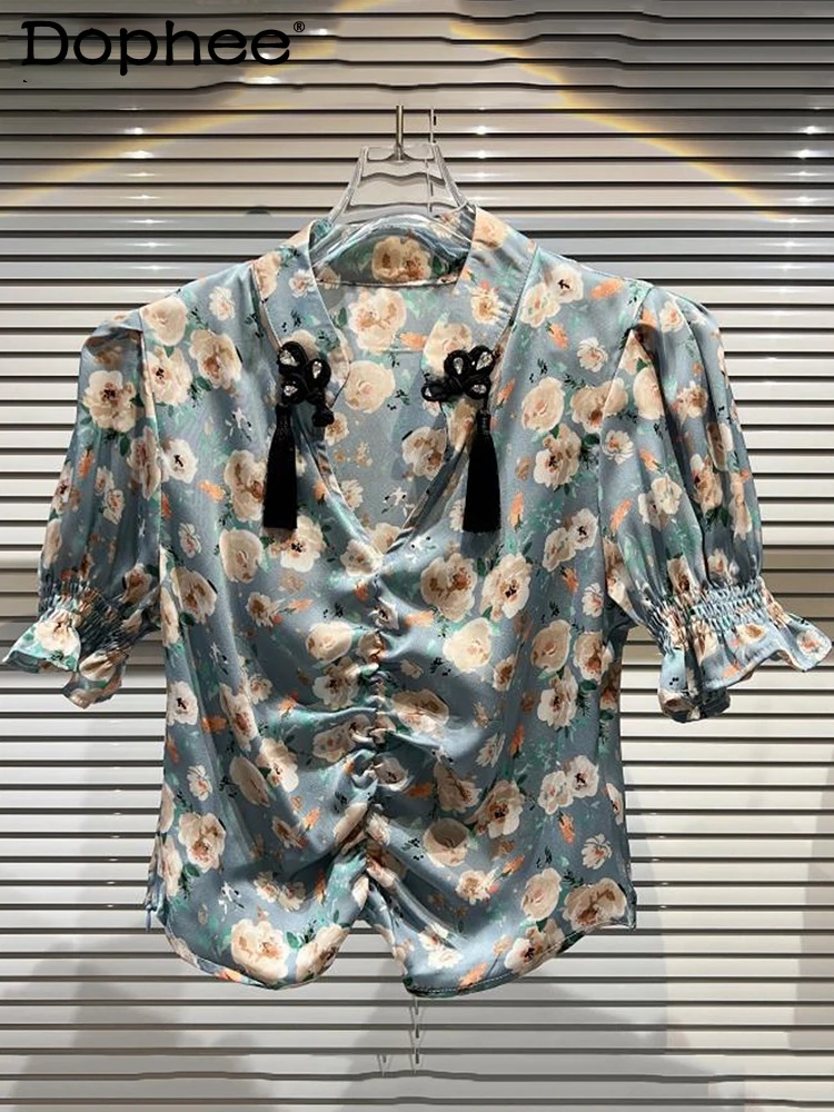 

Women Vinntage Print Pleated Shirt New Style V-neck Short Sleeve Temperament Fashion Spring Summer Lady Top 2022