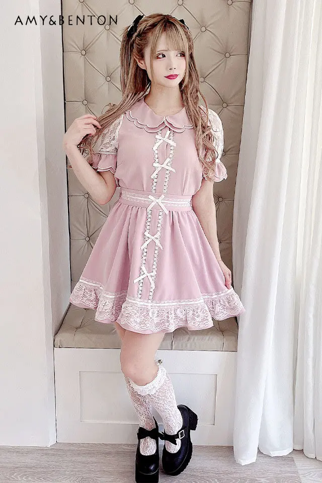 

Japanese Style Set Women Double-Layer Doll Collar Sweet Bow Lace Top High Waist A Skirt Suit Ladies Skirt Two Peice Sets