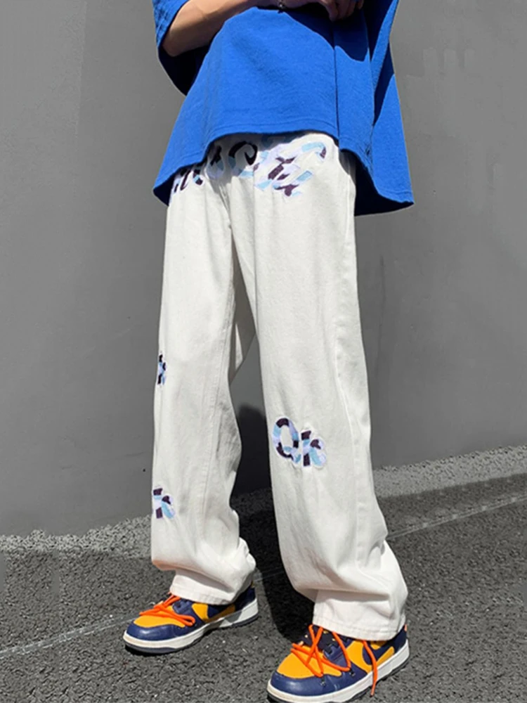 Patchwork Color Letter Embroidery Denim Pants Men Korean High Street Hip Hop Jean Pants Male Zipper Loose Straight Harem Jeans