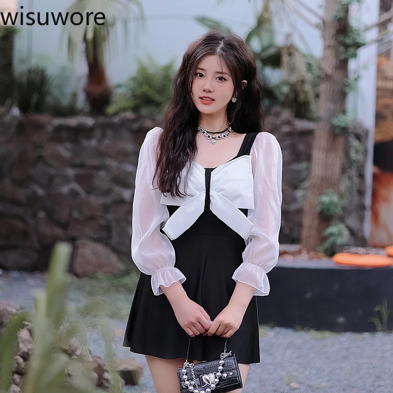 

Wisuwore Women's Swimwear Two Pieces Swimsuits Chic Retro Patchwork Long Sleeved Sun Protection Bowknot Kilt Hot Spring Wearing
