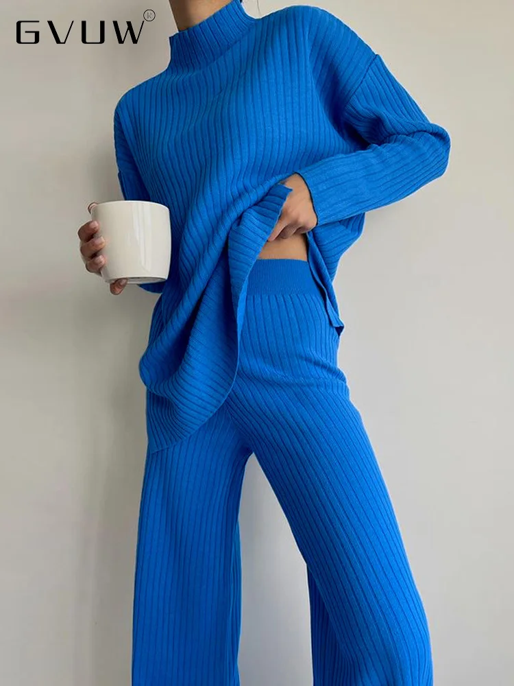 

Комплект из 2 предметов GVUW, модный Повседневный свитер с высоким воротником и длинным рукавом, однотонный топ, толстые брюки, трендовый женс...