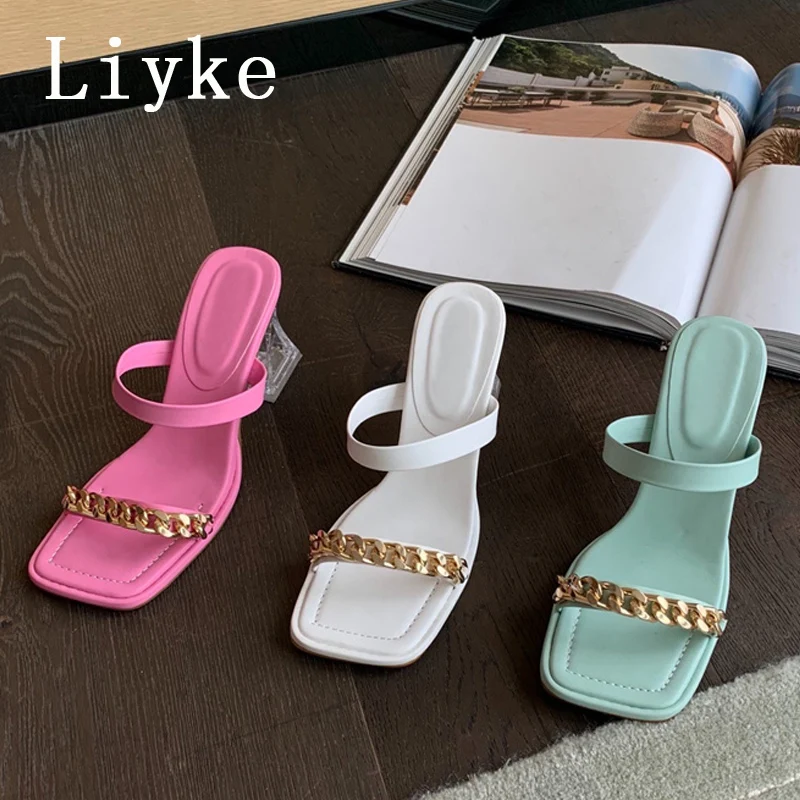 

Liyke High Quality Cozy Leather Women Transparent Heels Slippers Outdoor Casual Open Toe Chain Sandals Ladies Summer Shoes 2022