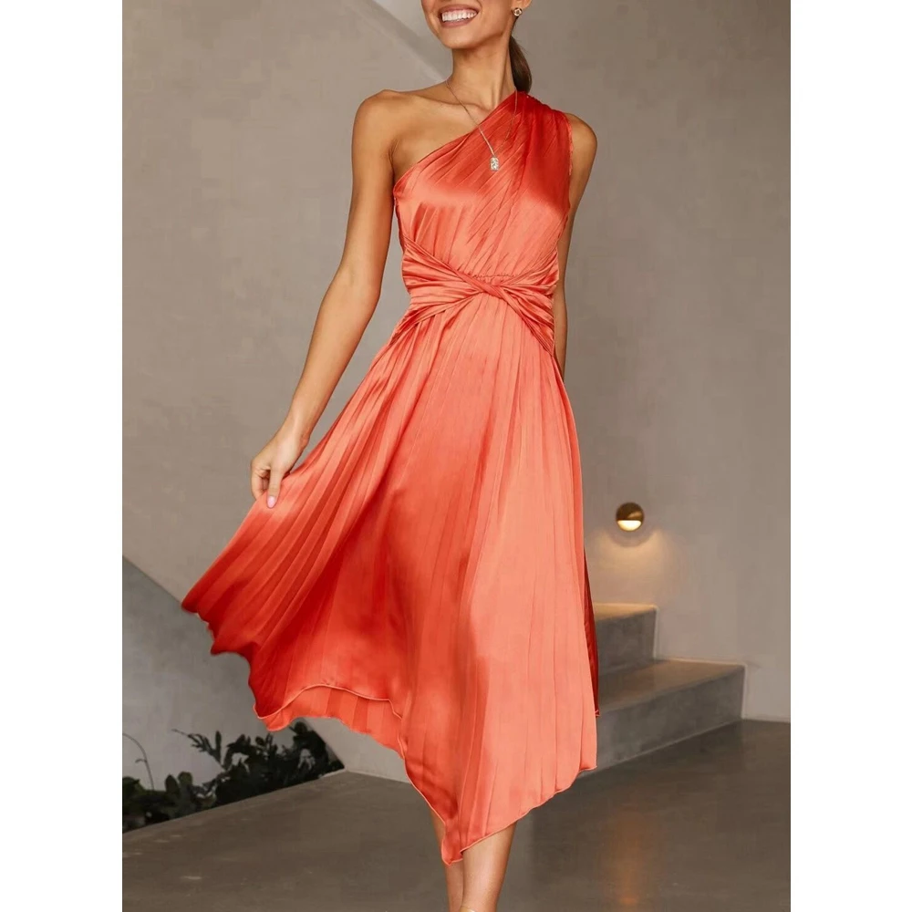 

Women's Summer Elegant Sexy Oblique Irregular Pleated Large Swing Maxi Dress Femme Sleeveless Long Dresses Party Evening Gowns