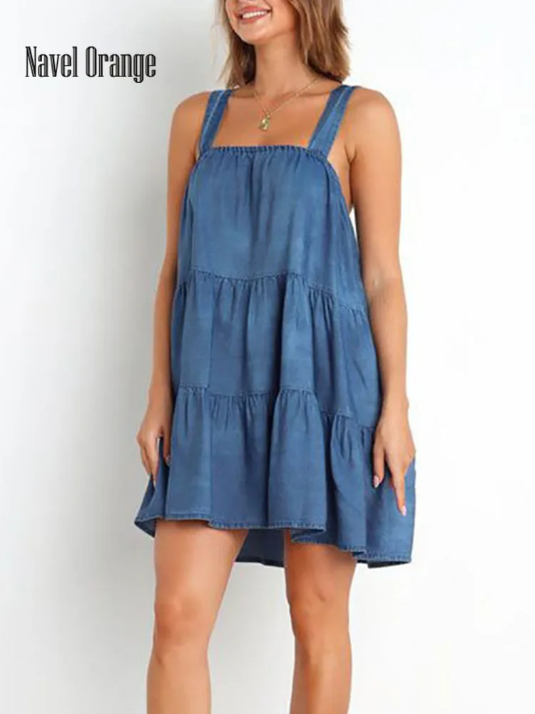 

Женское свободное милое мини-платье на бретельках, летнее однотонное дамское платье без рукавов с оборками, простая уличная одежда с открытой спиной, Прямая поставка, 2022