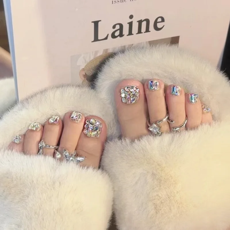 

Summer New Toe Toe Patch Colorful Diamond Explosion Flashthrough Wearing Nail Toe Patch Finished Advanced Whitening Nail Patch