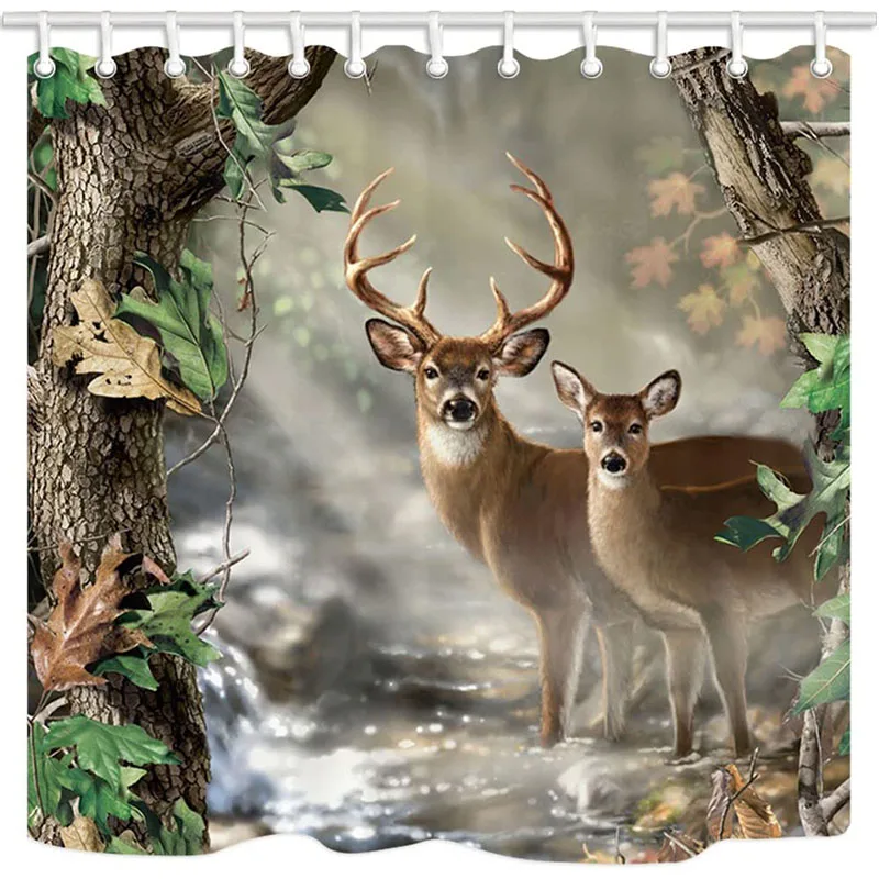 

Deer Decor Curtain Elk Foggy Forest Bathroom Curtain Waterproof Fabric Shower Curtain With Hooks Landscape Curtains