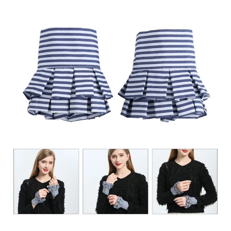 

Girl Stripe Print Wrist Cuffs Decorative Layered Pleated Fake Sleeve Shirt Decor