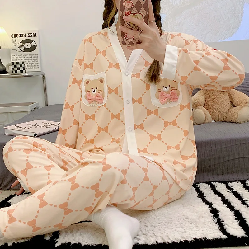 The New High Quality Pajamas for Women Long Sleeve Super Comfortable Cartoon Sleepwear Large Size Loungewear Set Woman 2 Pieces