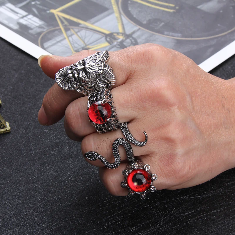 

Snake Opal Rings for Men Gothic Personality Punk Vintage Metal Prong Setting Devil's Eye Adjustable Ring Party Accessories Gifts