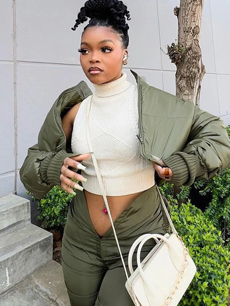 Women's Cropped Parka Puffer Quilted Splice Sleeves Parks Padded Outwear Zipper Stand Collar Streetwear New in 2022 Feminine
