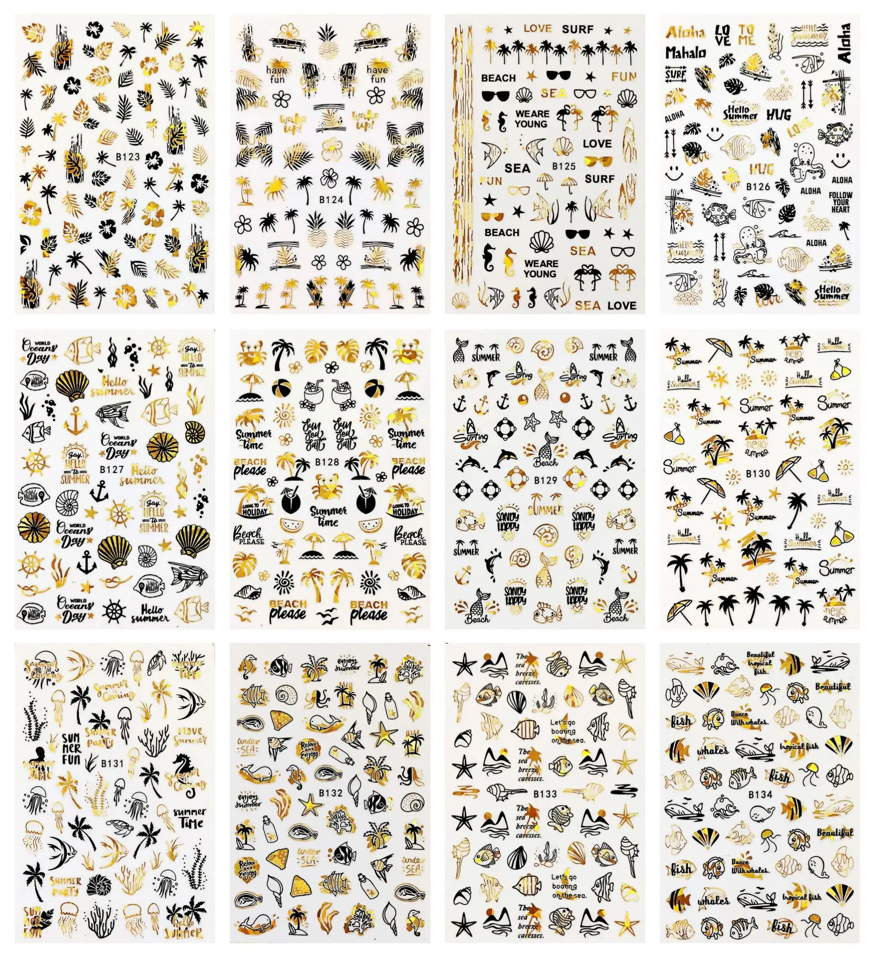 Летние наклейки для ногтей черные золотые пляжные океанские кокосовое дерево