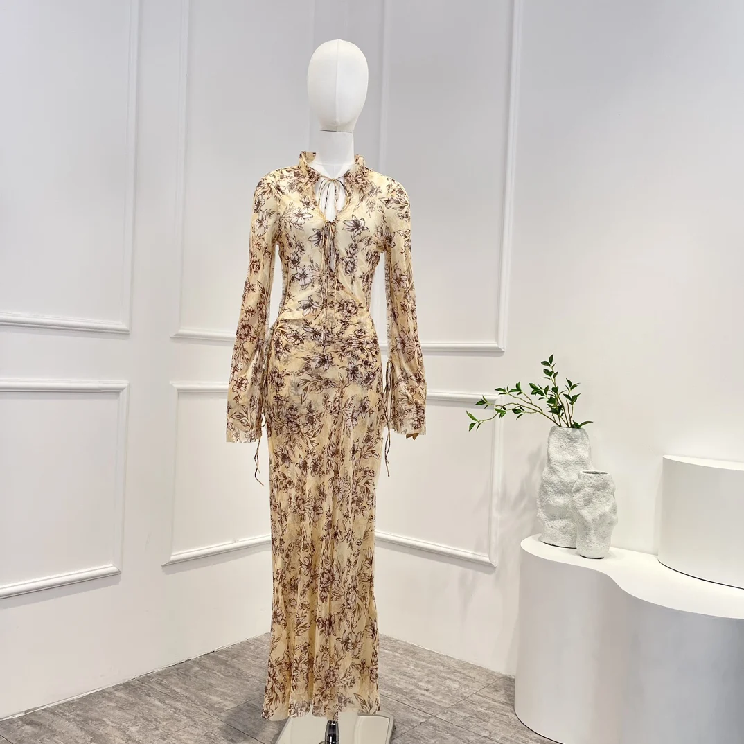 

2023 High Quality Spring Summer Silk Floral Print Vintage Elegant Long Sleeve Lace-up Ruffles Woman Midi Dress