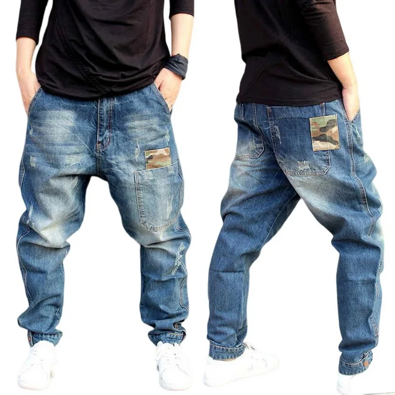 

Flying Squirrel Jeans Men Street Low Crotch Baggy Jeans Button Hip-hop Pants Men's Loose Harem Pants