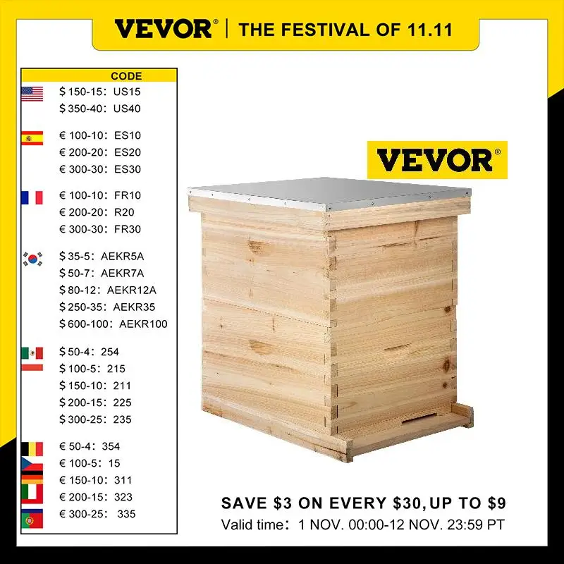 

VEVOR Bees Box Langstroth Wooden Kit Bee Nest Beekeeping Equipment Beekeeper Tool for Bee Hive Supply Nest Frame with Metal Roof