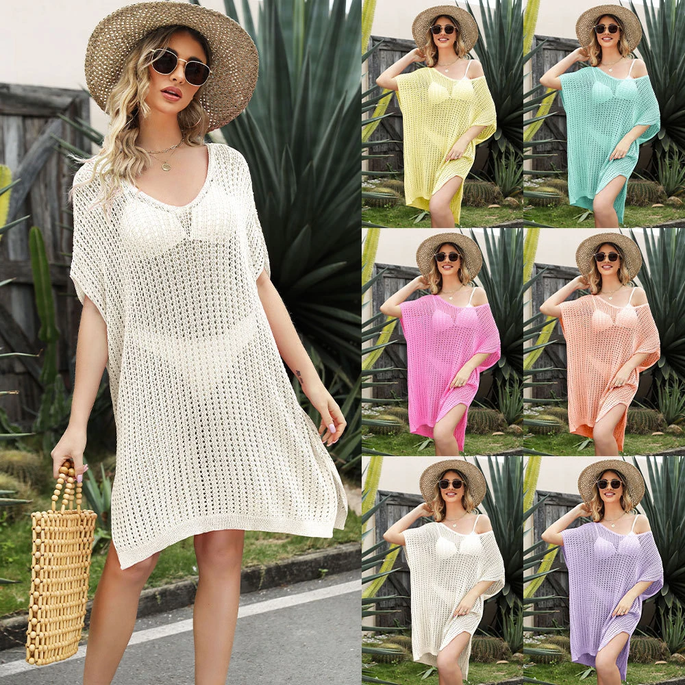 

2023 Summer New Loose Beach Dress Splicing Hollowed Out Long Smock Women Beach Skirt Sexy Bikini Cover Up Vacation Solid Coverup
