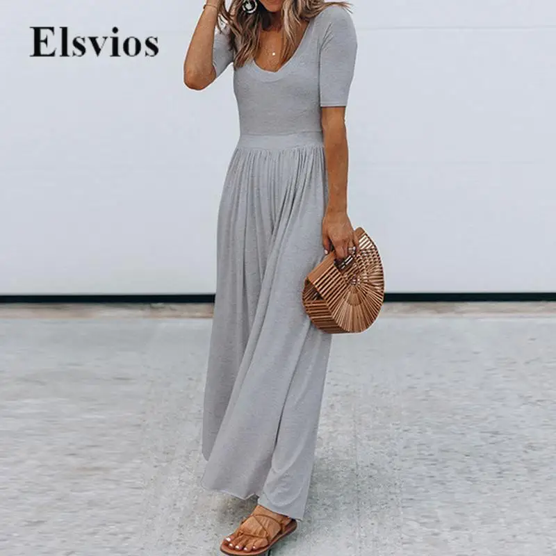 

Female Vintage Pleat Wide Leg Solid Overalls Women Casual O Neck Beach Jumpsuit 2023 Summer Fashion Short Sleeve Romper Playsuit