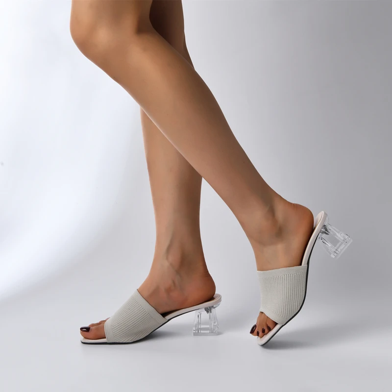 

Square Toe Mesh Sheer High Heel Slippers Women's 2022 Everyday Summer Med Heel Sandals Women's Slippers Black Party Dress Shoes