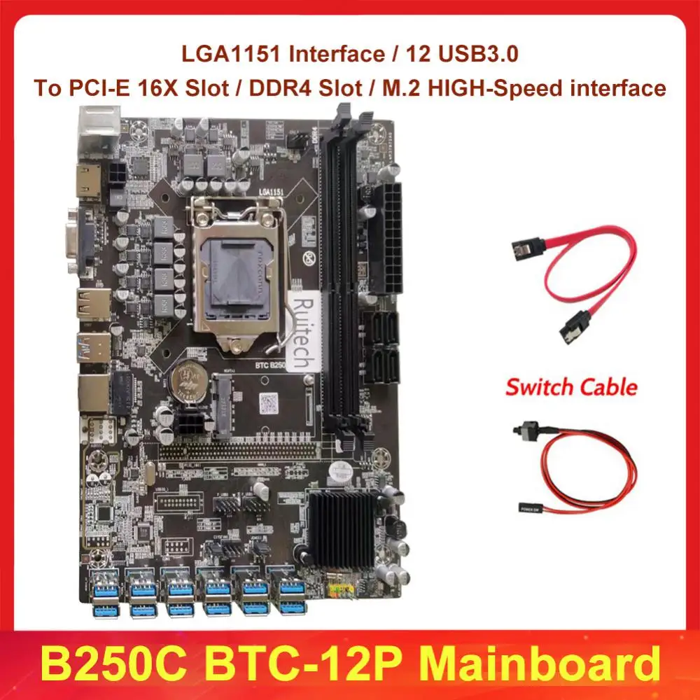 

12 Graphics Cards motherboard B250C V1.0 12P 1X with Intel B250 B250C PCH Chipset ATX24P+ATX4P, 12V+ATX6P For mining