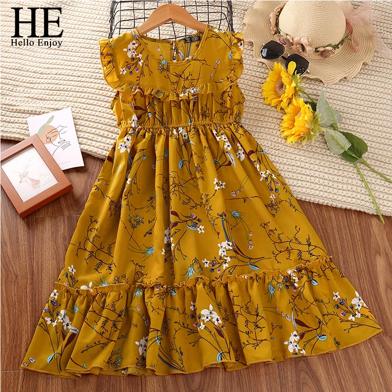 

HE Hello Enjoy Kids Clothes Baby Girls Summer Dress Teenage Casual Flare Sleeve Ruched Floral Print Infantil Princess Dresses