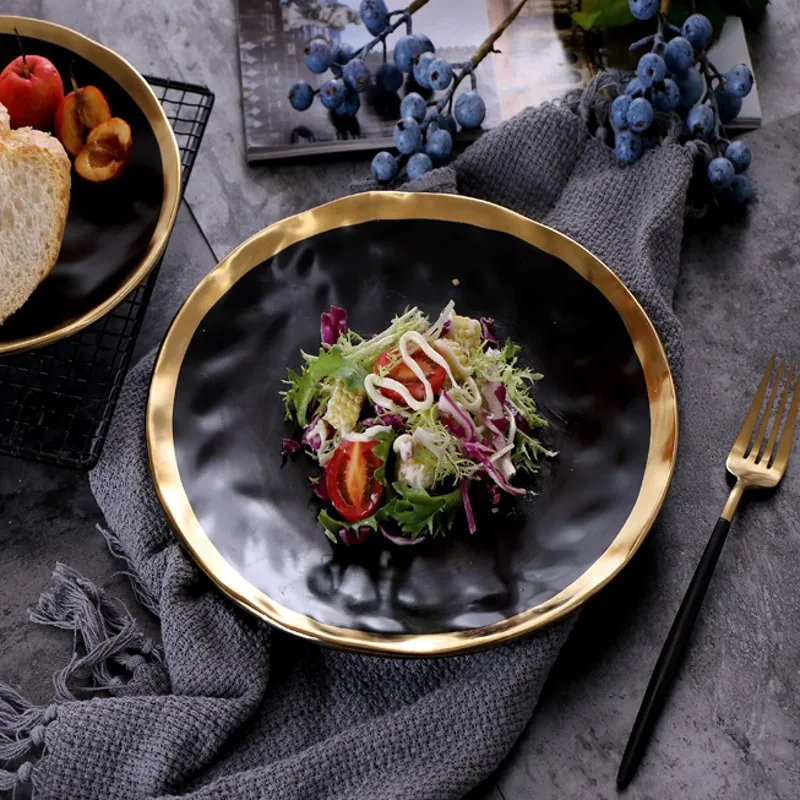 

Nordic gold-plated western steak plate creative dish plate household ceramic salad plate tableware round fruit plate