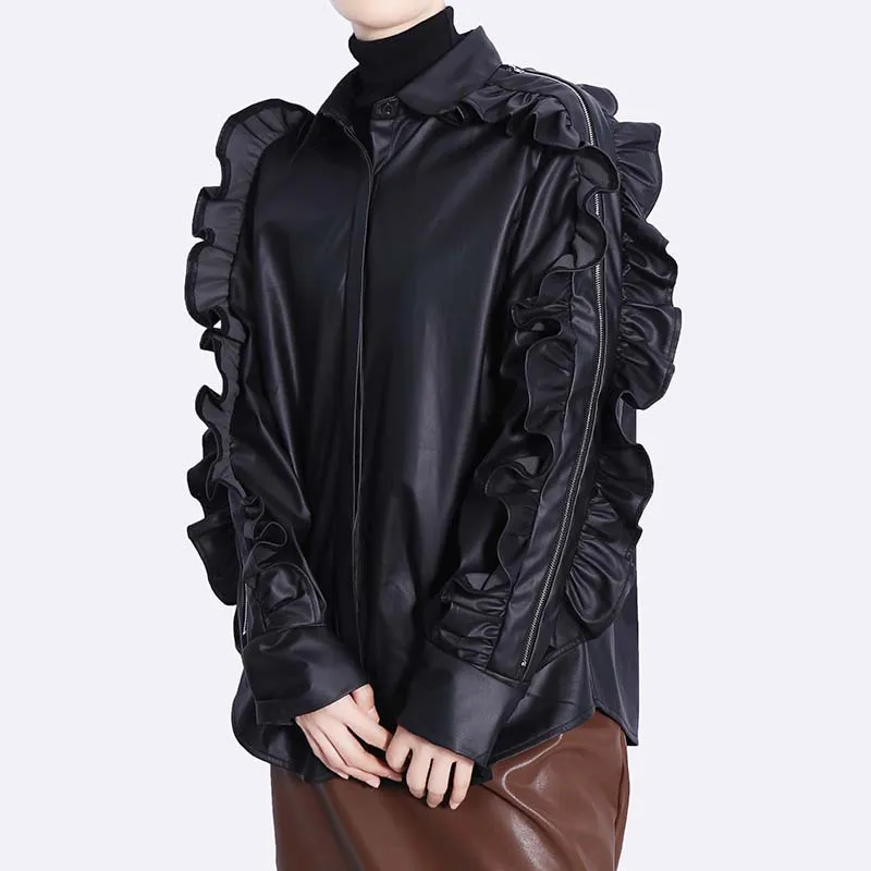 LXUNYI Faux Leather Blouse Woman Personality Ruffles Patchwork Zipper Coat Single Breasted Casual Loose PU Leather Jacket