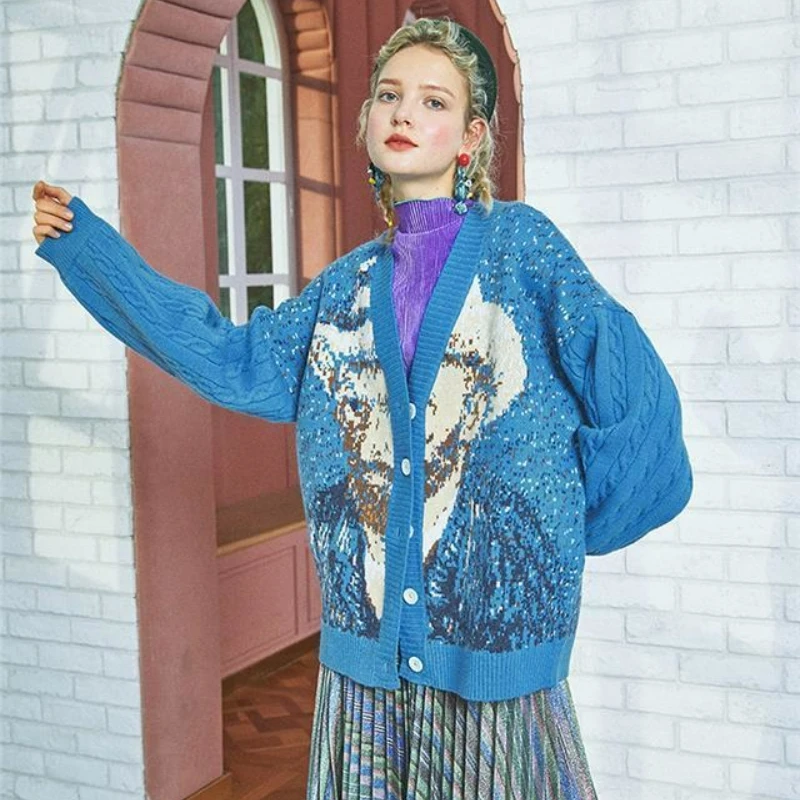 

Kawaii Sunflower Jacquard Knitted Cardigan Women Vintage Elegant Sweaters Coat 2024 Autumn Winter Streetwear Loose Knitwear Coat