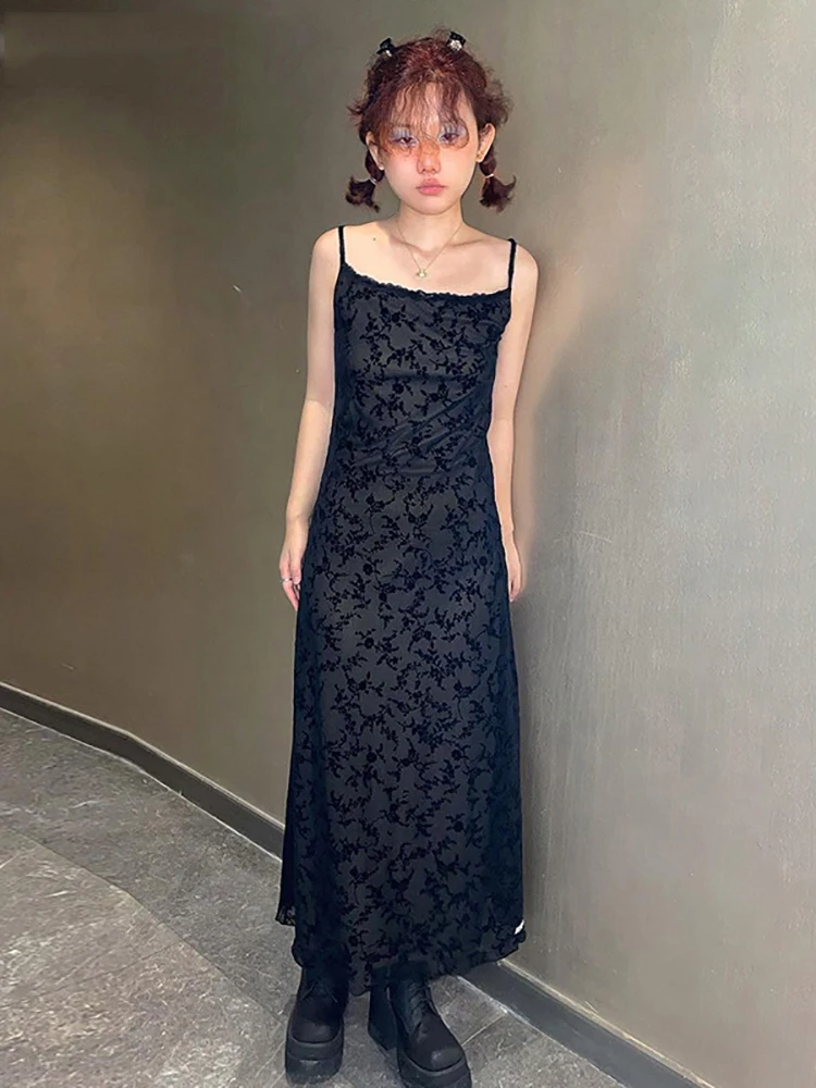 

2023 темные сетчатые готические платья средней длины с цветочным принтом Y2k, волшебное длинное кружевное платье в стиле гранж, женское платье на бретельках для девушек, женская уличная одежда
