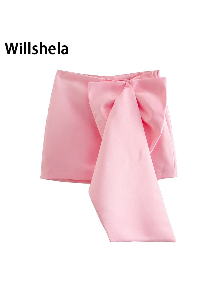 

Willshela Women Fashion With Bow Solid Side Zipper Mini Skirts Vintage High Waist Female Chic Lady Skirts