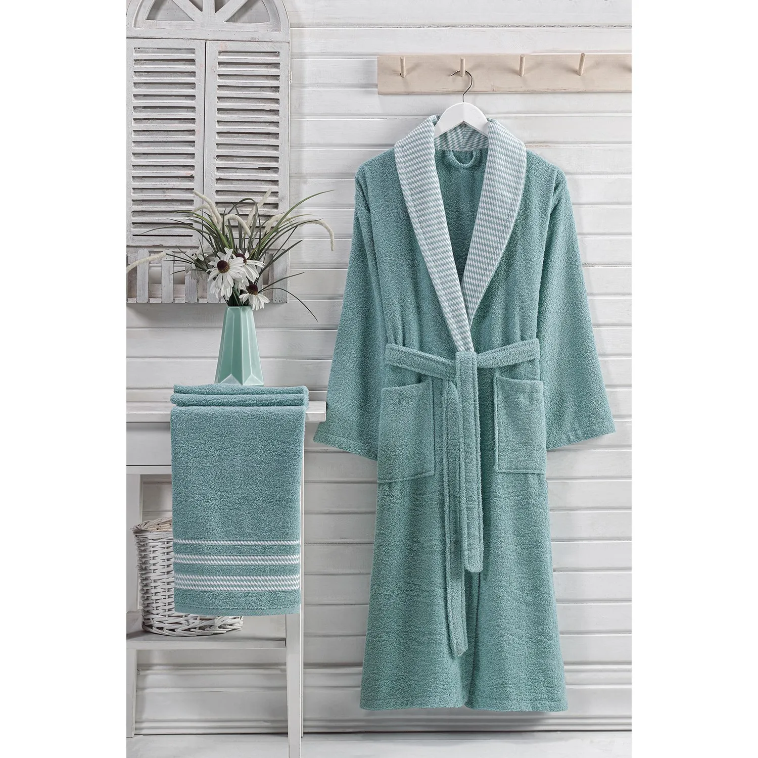 Özenev Royal 2 Piece Bathrobes Set 100 Cotton Soft Plaids Luxury Geometric Water Green Casual Stylish Modern Design Reliable fabric