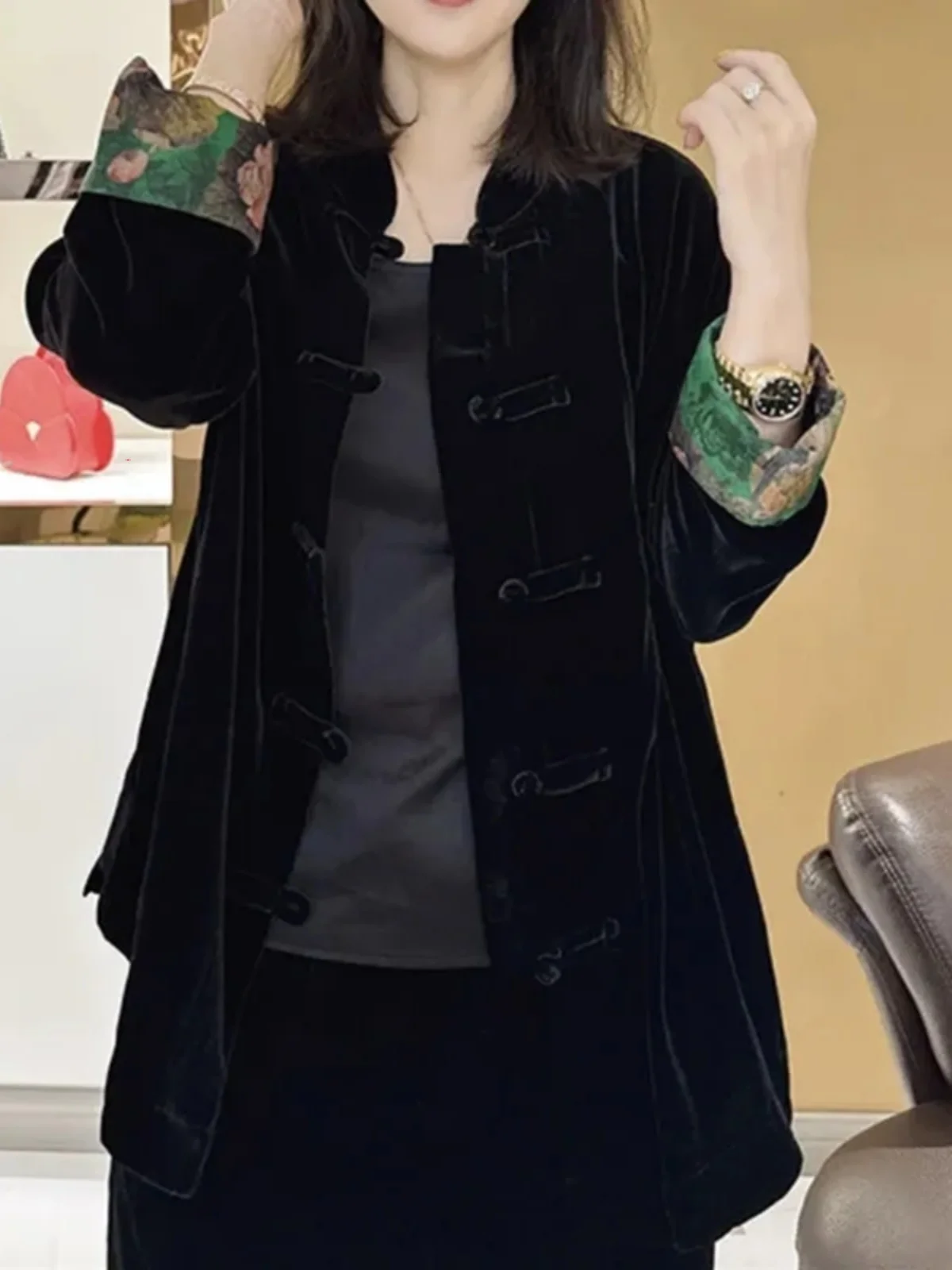 Китайский Sle ретро воротник-стойка с пряжкой бархатный кардиган верхняя одежда