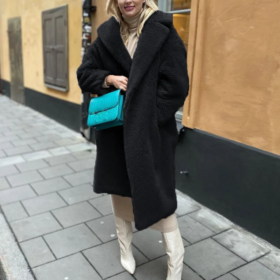 Women's Leather Fur Coat Fashion Imitation Fur Long Faux Lamb Fur Coat Women's Faux Fur Coat