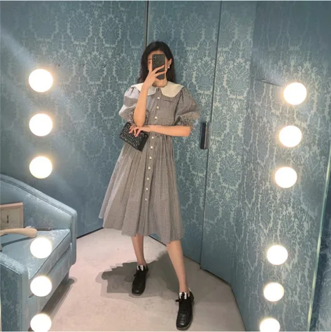 2022 Summer MIU Dress Sweet Temperament Doll Collar Puff Sleeves Plaid Dress Over The Knees Waist Holiday Dress with Tag