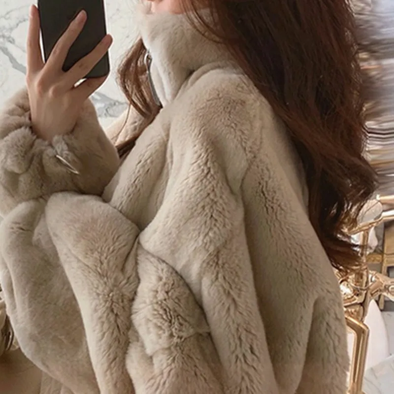 Rex Fur Coat for Women 2022 Winter New Kafuu Stand Collar Plush Loose Hooded Overcoat Women's Clothes