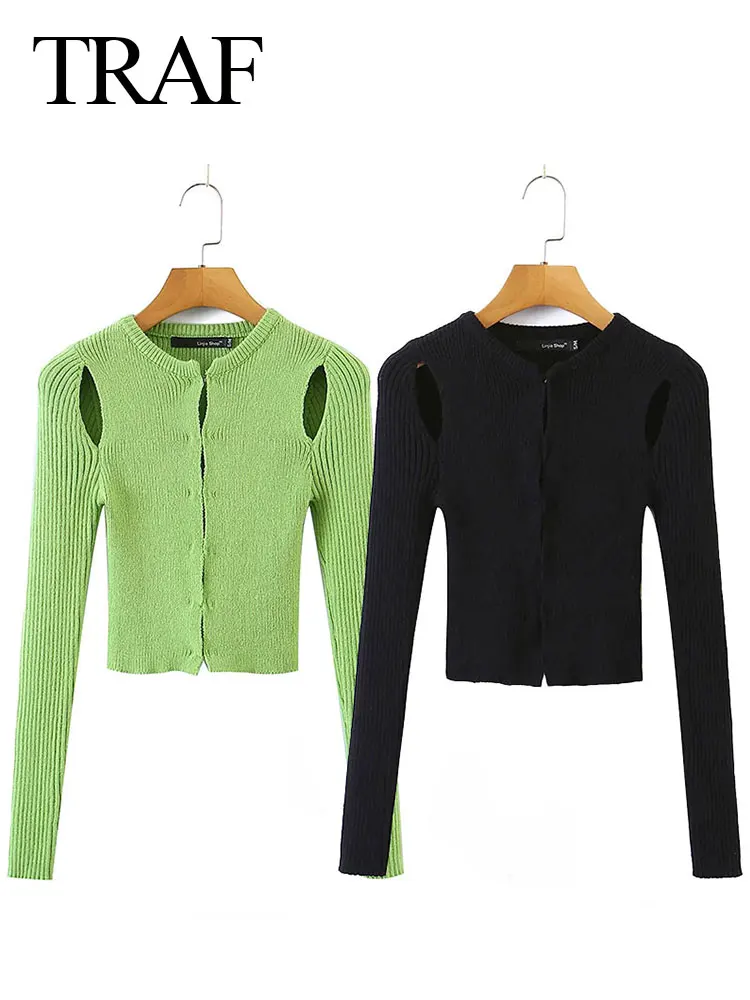 

Модный вязаный кардиган TRAF, облегающий пикантный короткий топ с длинными рукавами и открытыми плечами, однотонный, с круглым вырезом, женск...