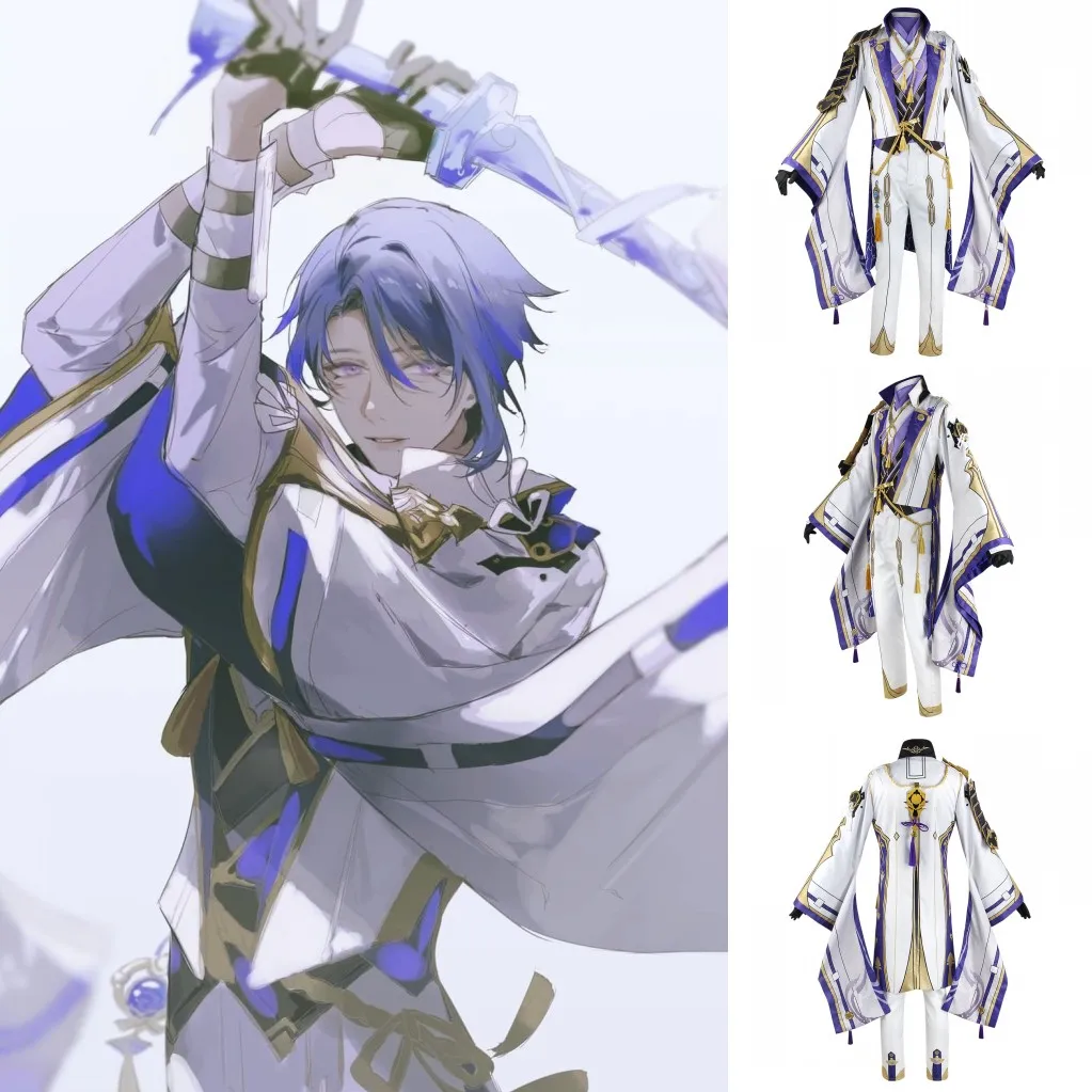 

Genshin Impact Kamisato Ayato Cosplay Costumes Set Top Coat Pants Accessories Wig Adult Unisex Suit