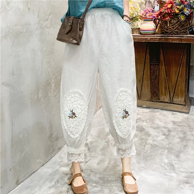 

Summer Women's Thin Literary Retro Loose Embroidery Lace Stitching Linen Lantern Nine-point Pants